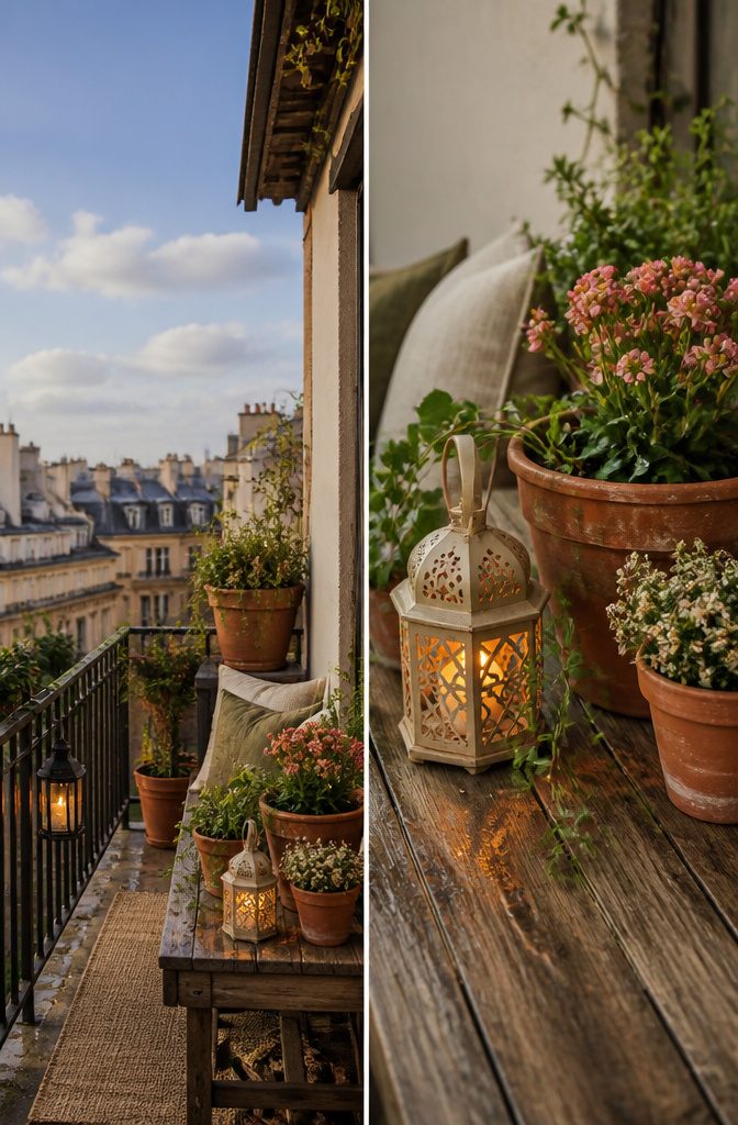 Decorative terracotta pots and lanterns on a balcony.