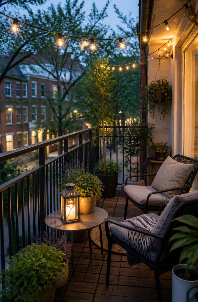 String lights and a lantern illuminating a small balcony seating area.