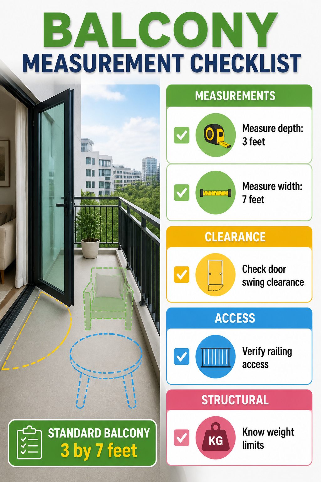 A measurement checklist for balcony dimensions.