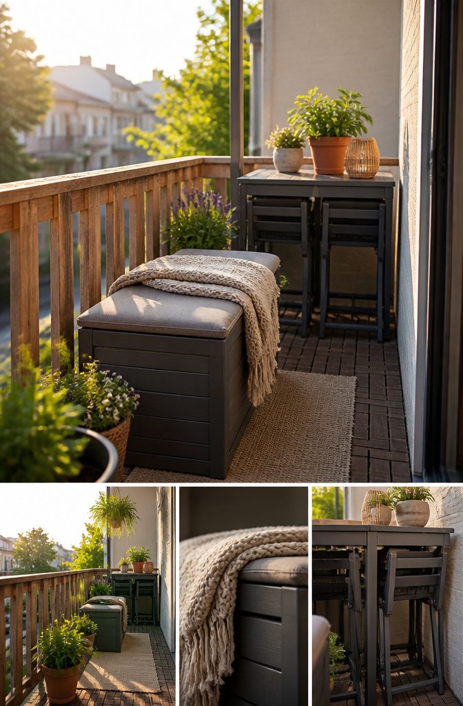 A storage ottoman used for seating and storage on a balcony.
