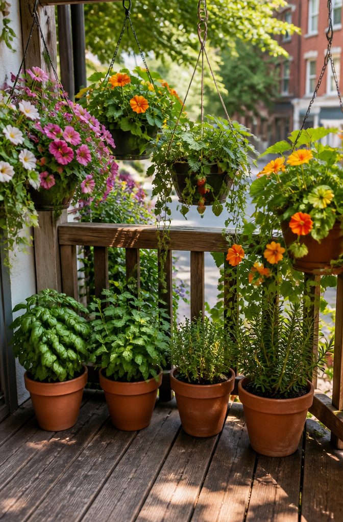 Hanging planters with petunias and herbs on a balcony.