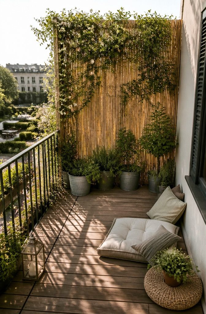 Bamboo privacy screens on a balcony providing seclusion.
