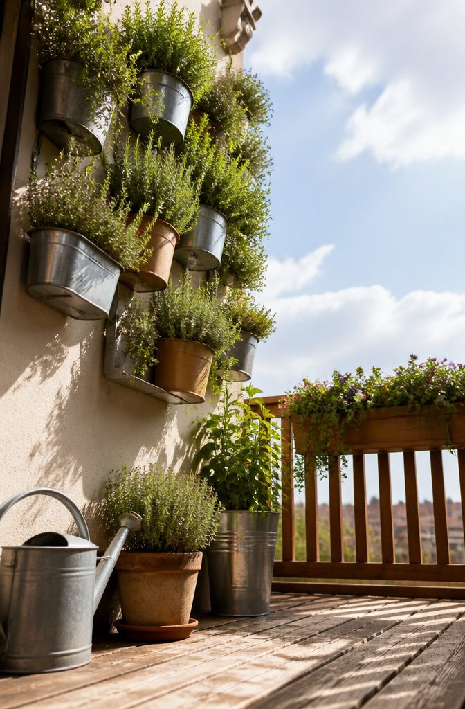 Wall-mounted planters with herbs on a balcony railing.