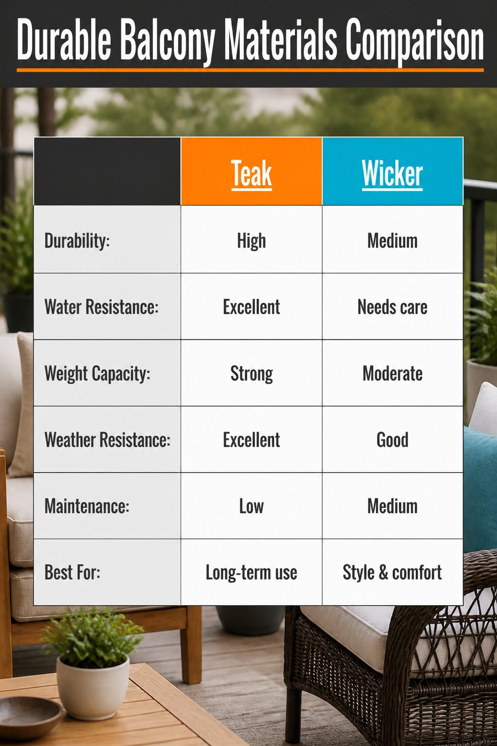Comparison of weather-resistant balcony materials.