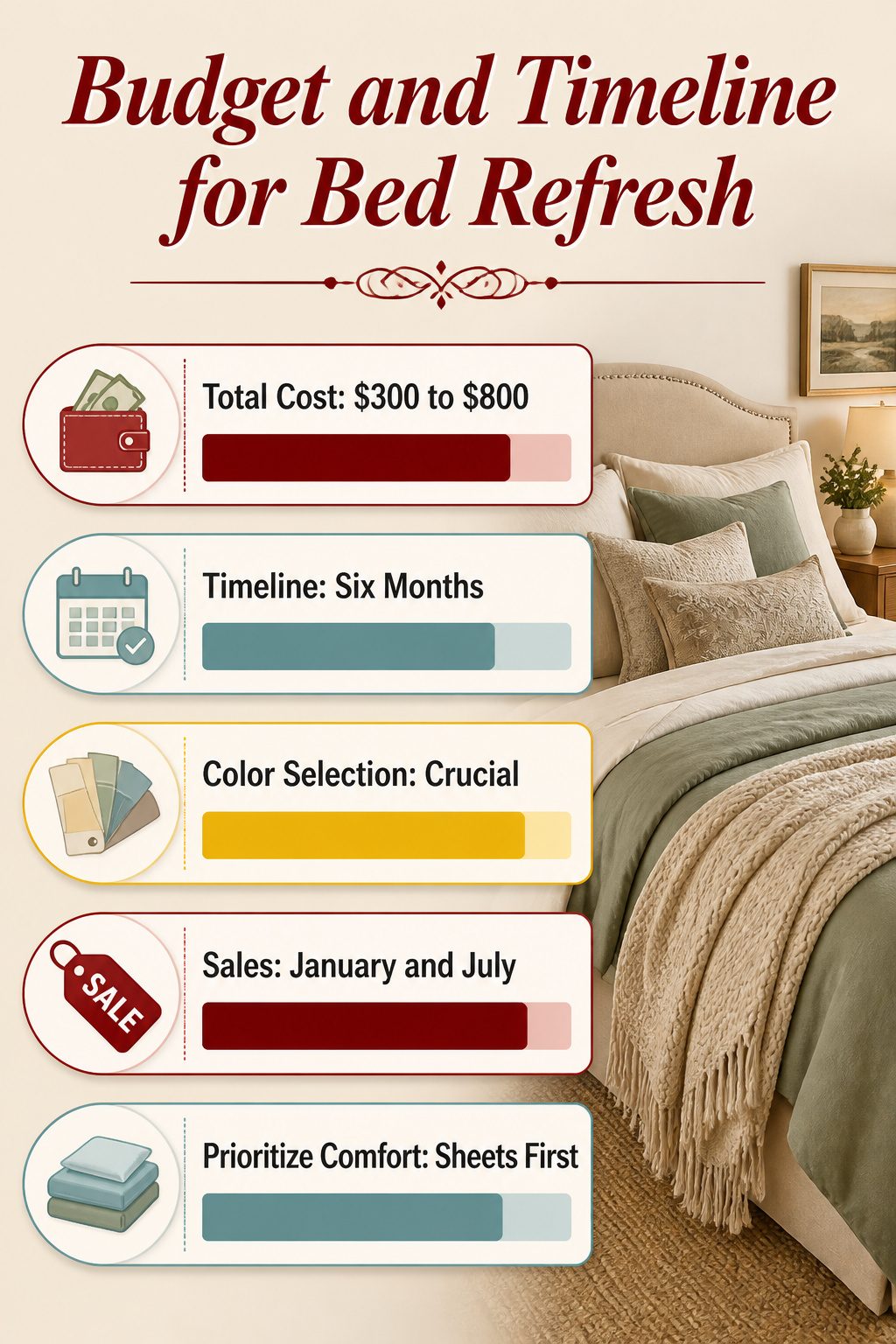 A budget breakdown for refreshing bedding on a queen bed.