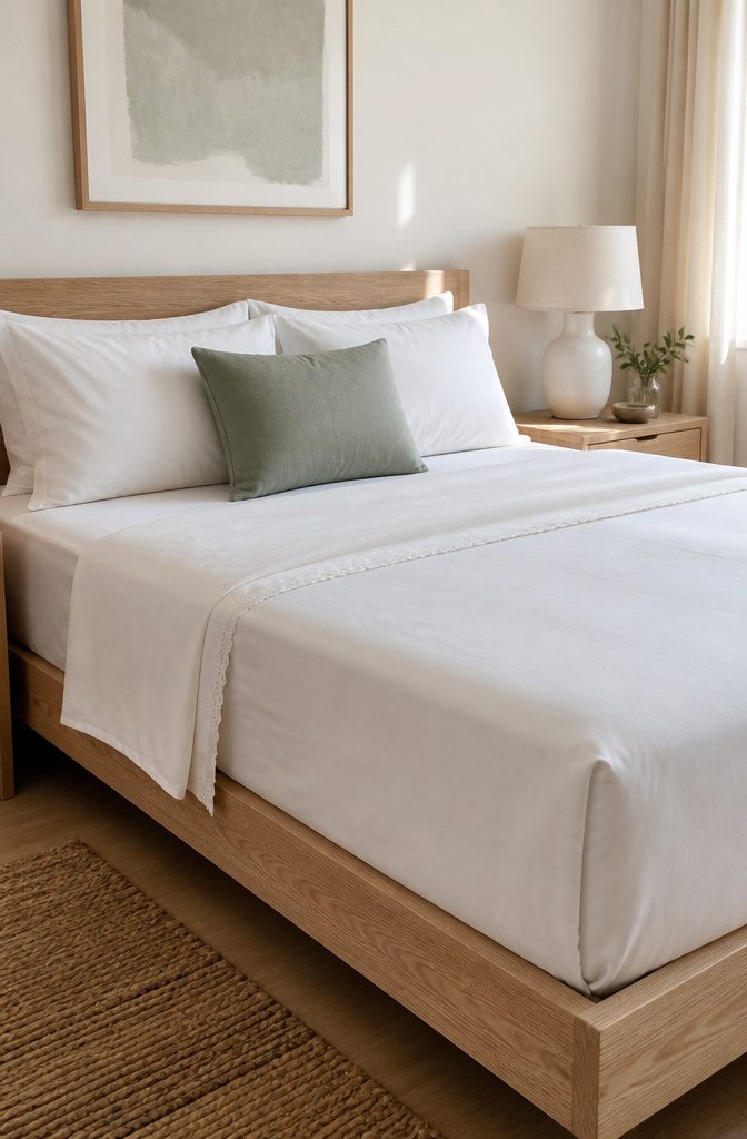 A fitted sheet and flat sheet neatly arranged on a mattress.