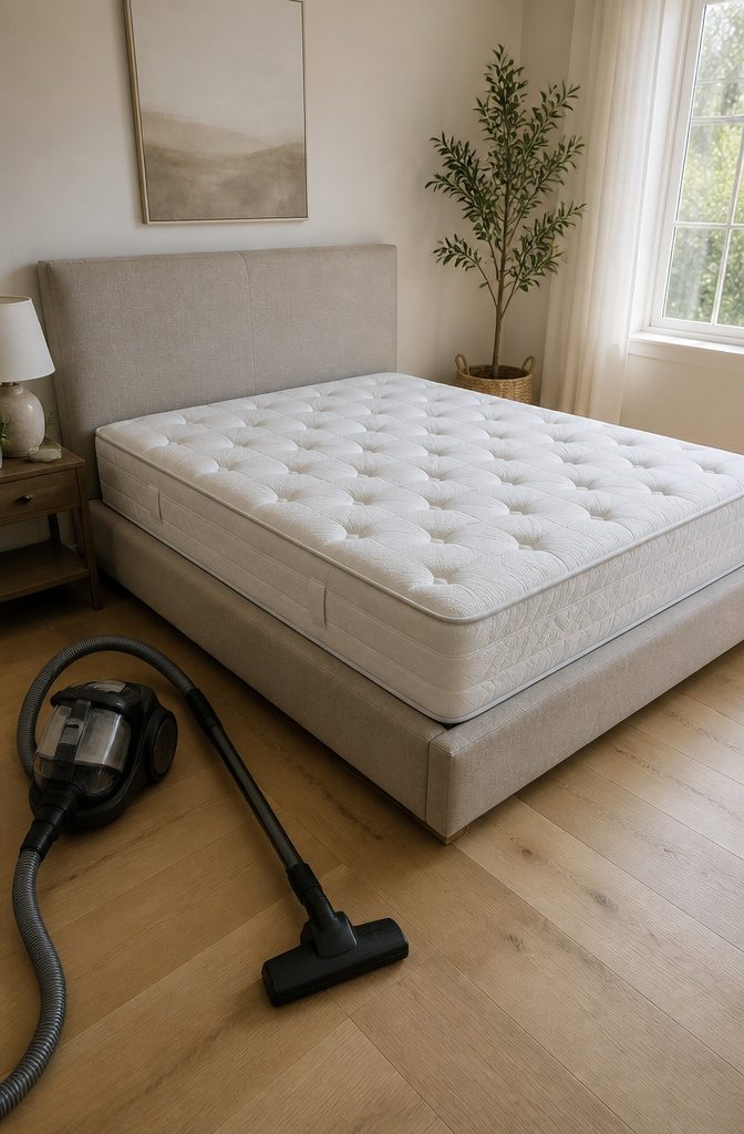 A bare mattress in a sunlit bedroom with a vacuum cleaner nearby.