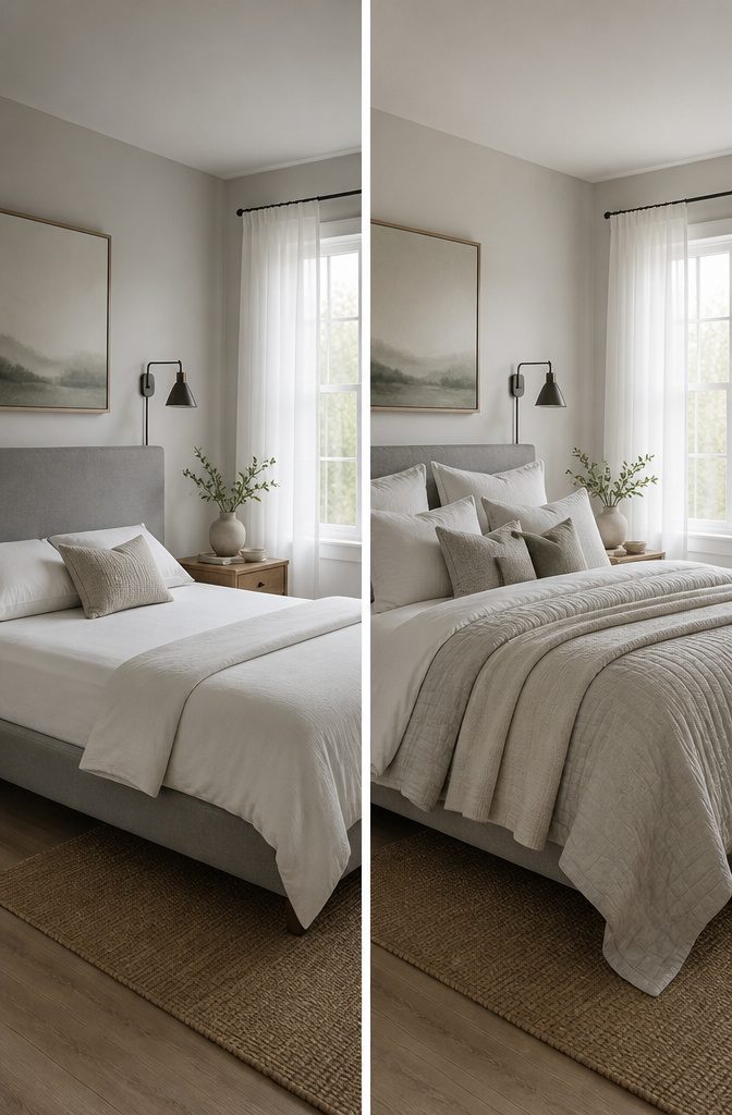 A minimalist and maximalist bed layering style comparison.