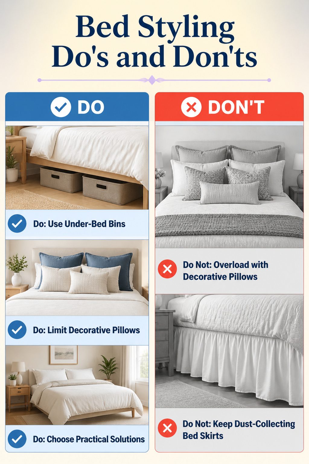 An overview of bed styling do's and don'ts with visuals.