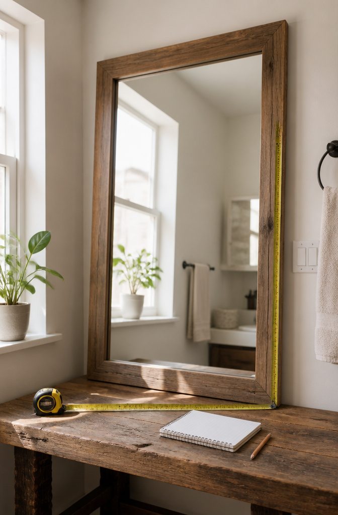 A tape measure next to a reflective bathroom mirror.