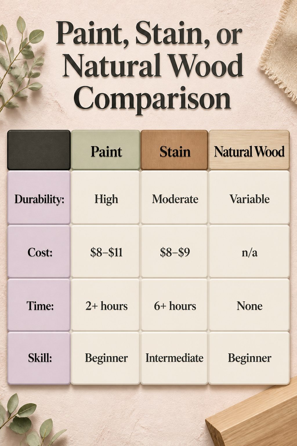 Comparison of paint, stain, and natural wood finishes.