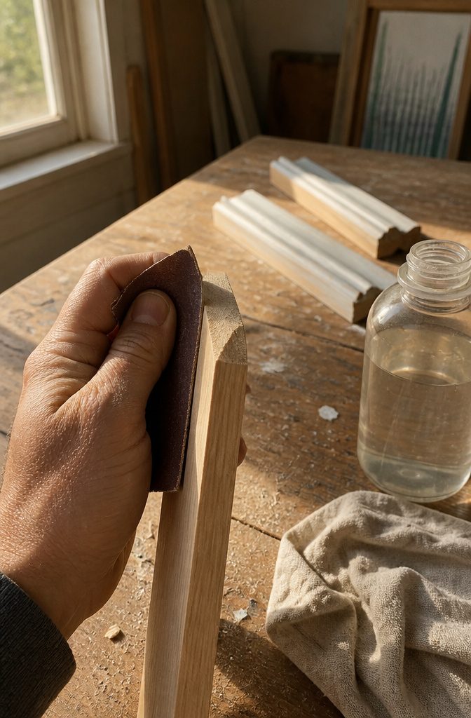 Close-up of sanding a freshly cut wood edge.