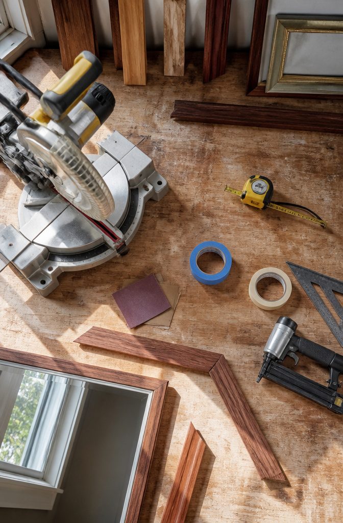 Tools including a measuring tape and miter saw on a table.