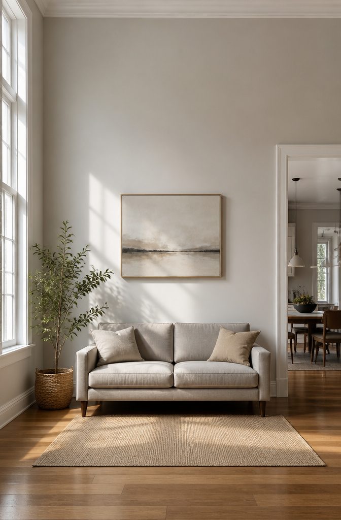 A wall with a painting hung in a well-lit area.