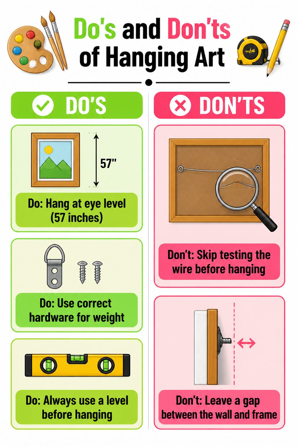 A list of do's and don'ts for hanging art on a wall.