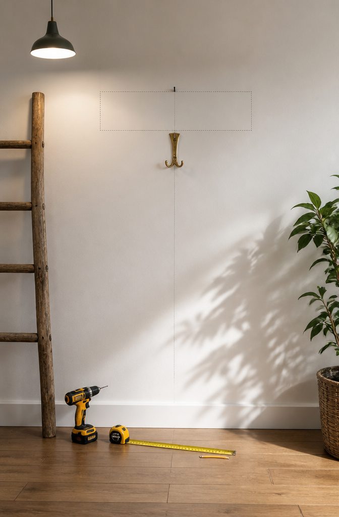 A drill, measuring tools, and a marked wall for hanging art.