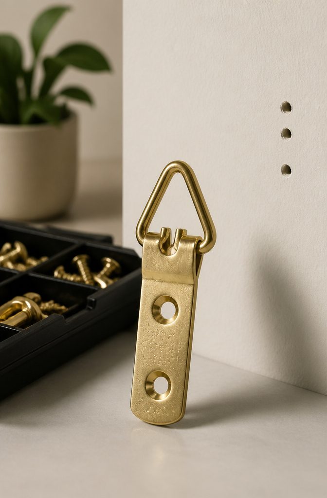 A variety of picture hanging hardware on a clean surface.