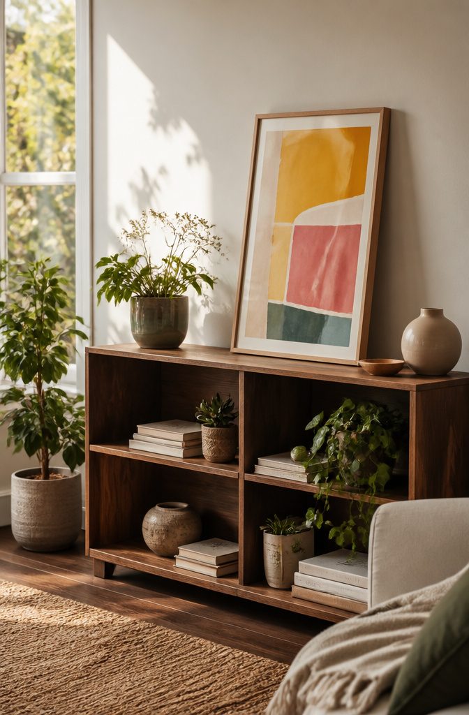 A framed print leaning against a bookcase with decorative items.