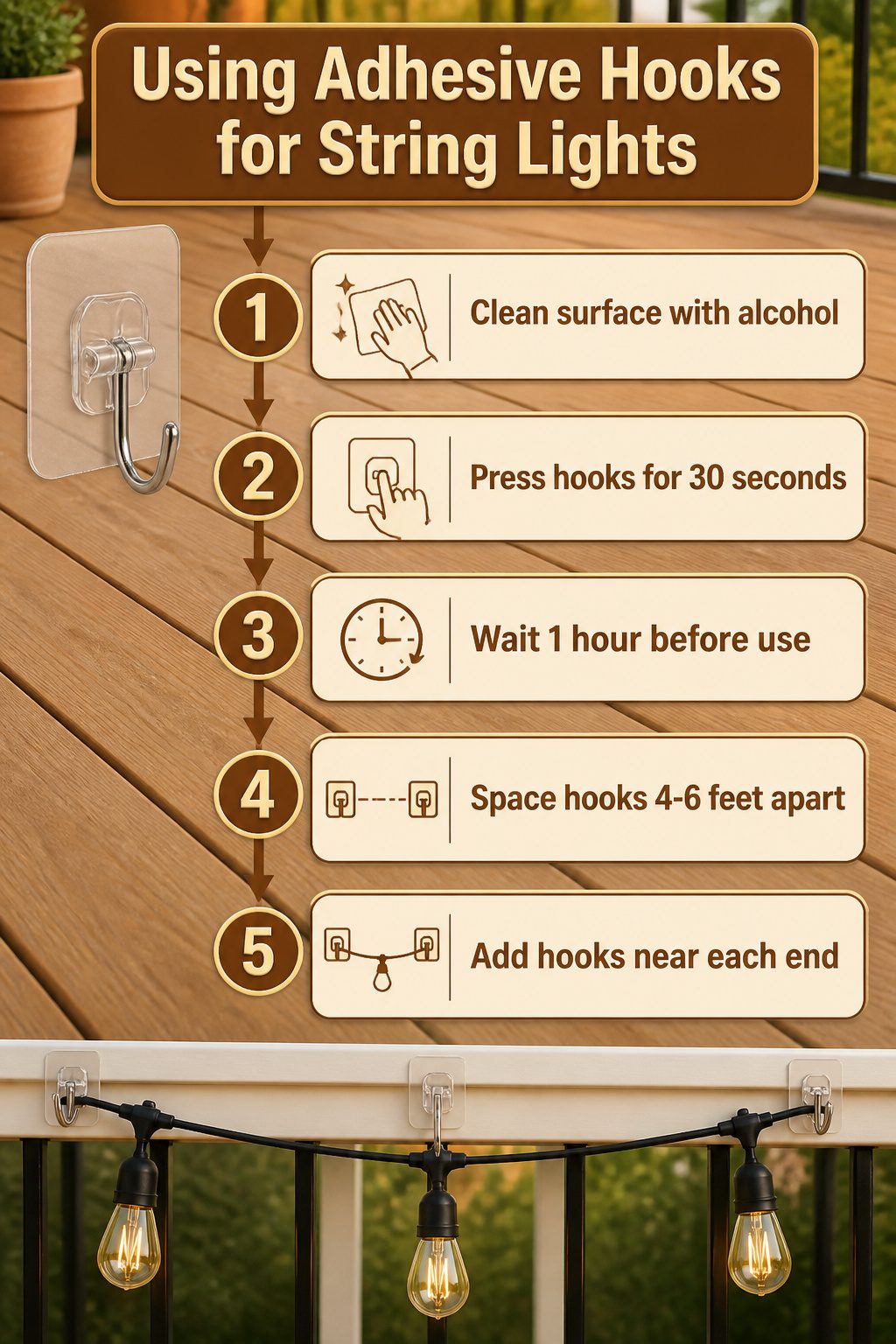 An image showing adhesive hooks for attaching string lights.