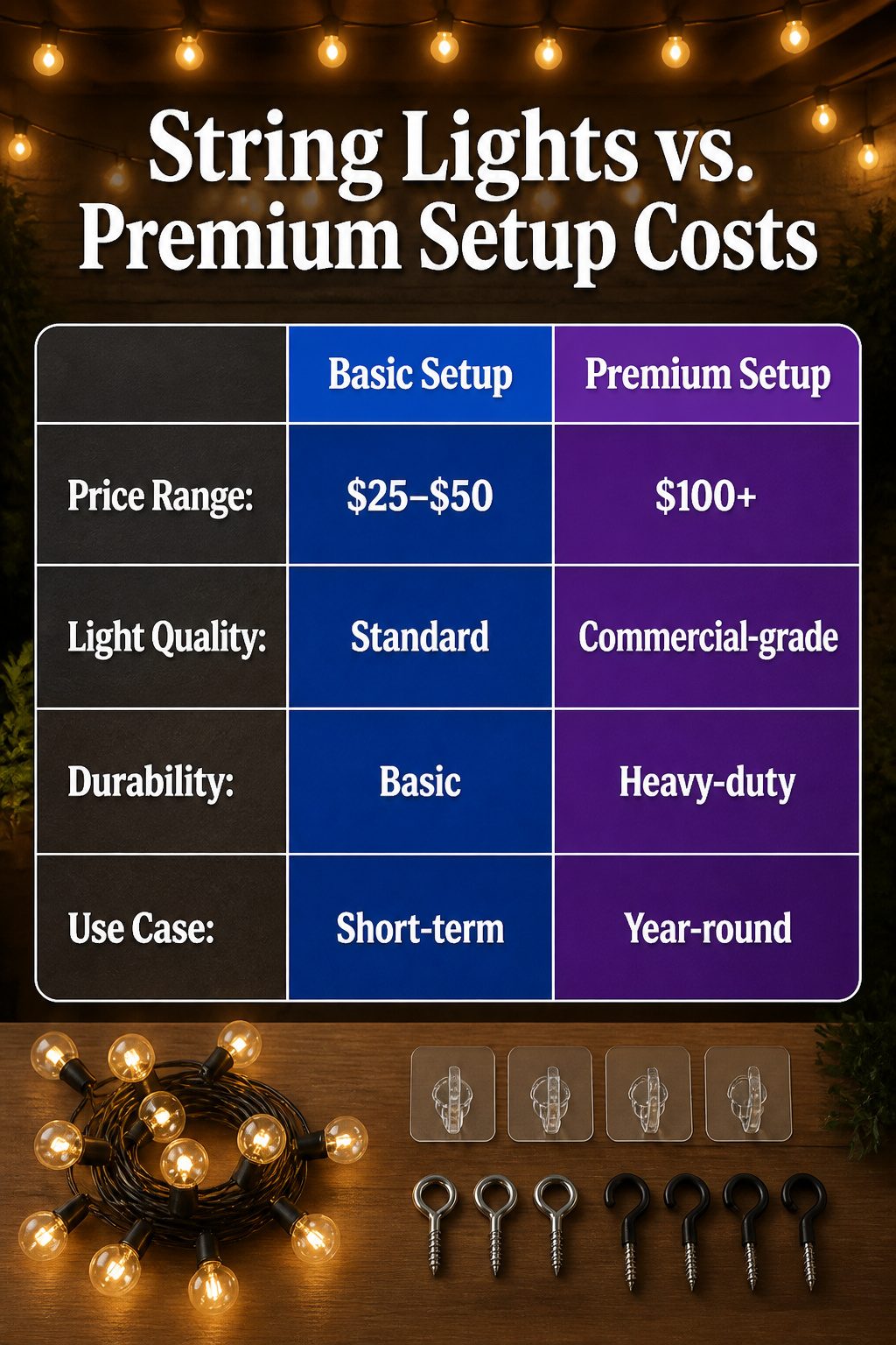 A comparison of string light setups and their costs.