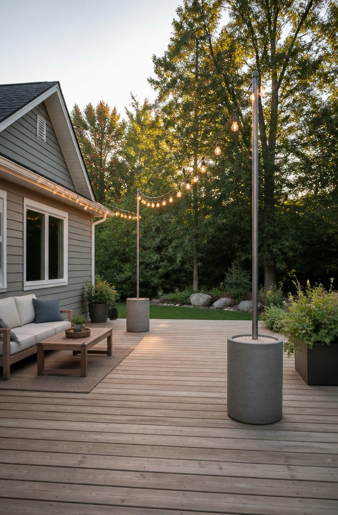 A planter with a pole set in sand for string light support.