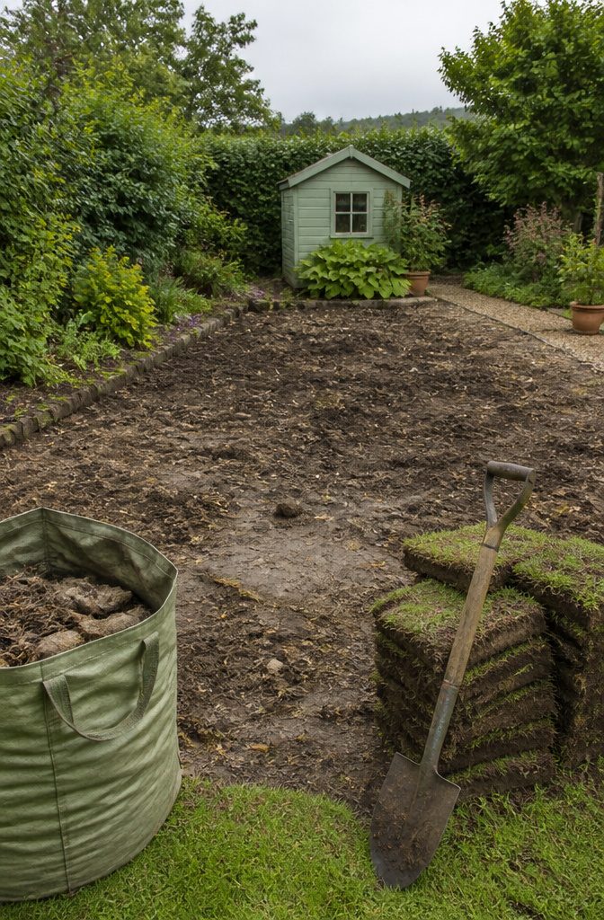 A cleared garden bed with exposed soil and remnants of last year's plants.