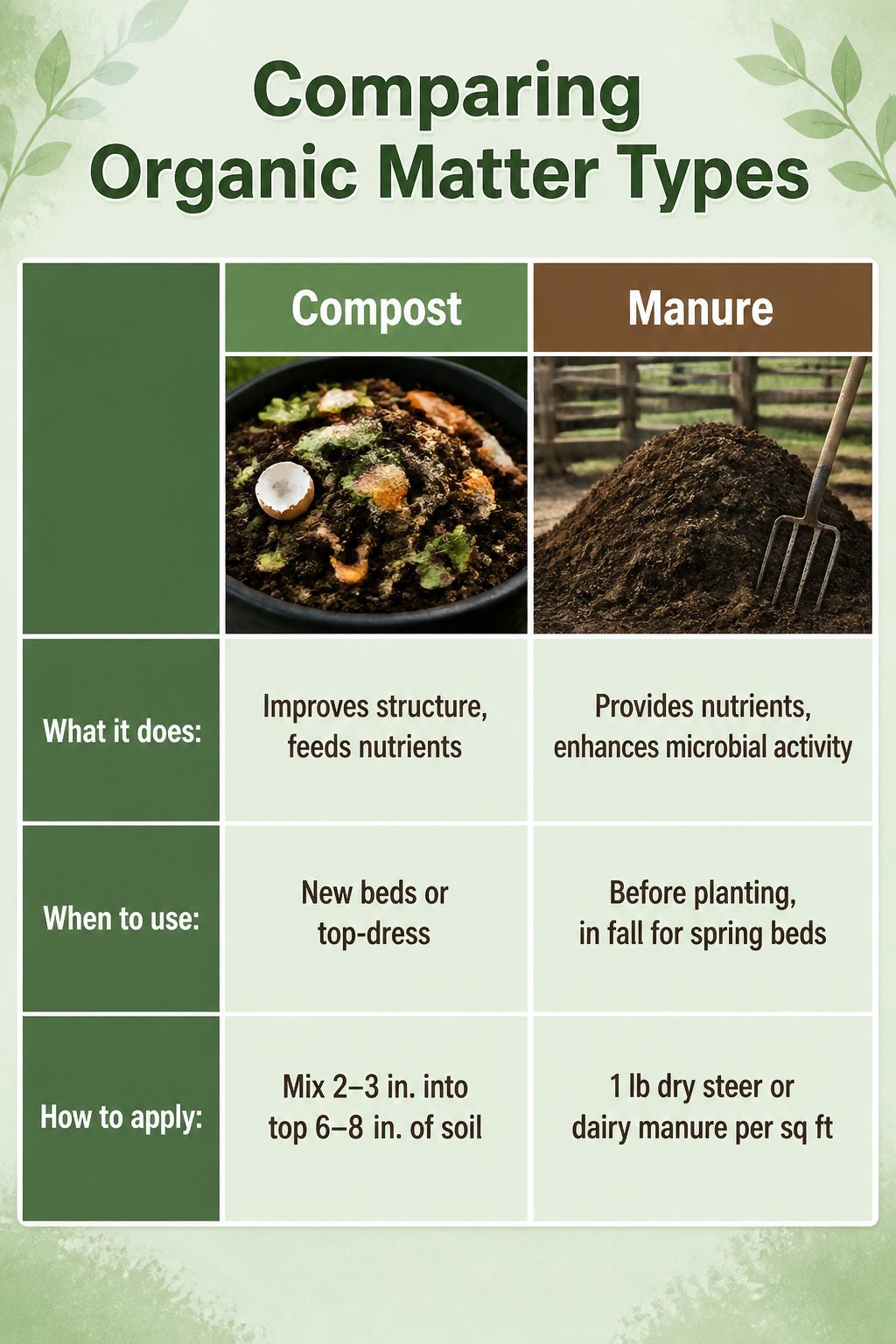 A chart comparing compost, manure, and mulch for garden use.
