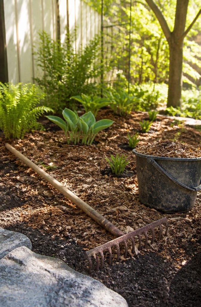 A garden bed covered with a layer of wood mulch.