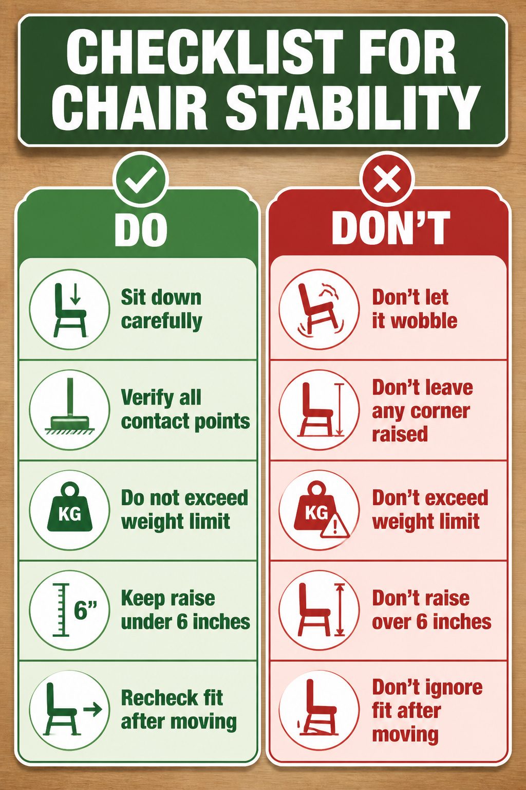 Checklist for verifying chair stability after height adjustments.