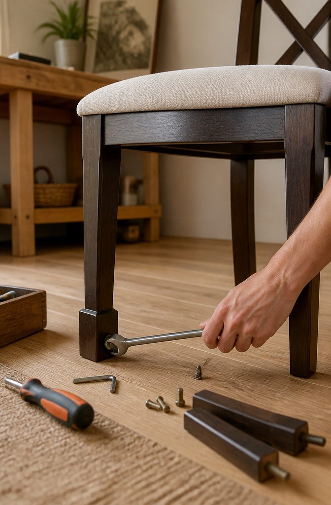 Close-up of a person replacing screw-in legs on a wooden chair.