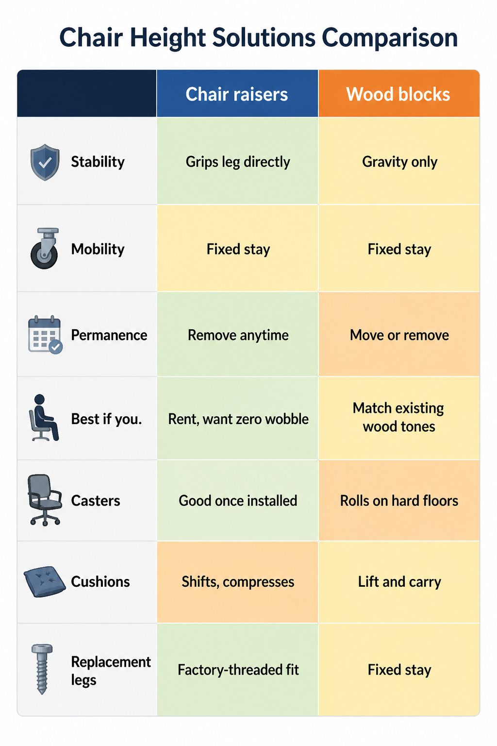 Chart comparing different methods for raising chair height.