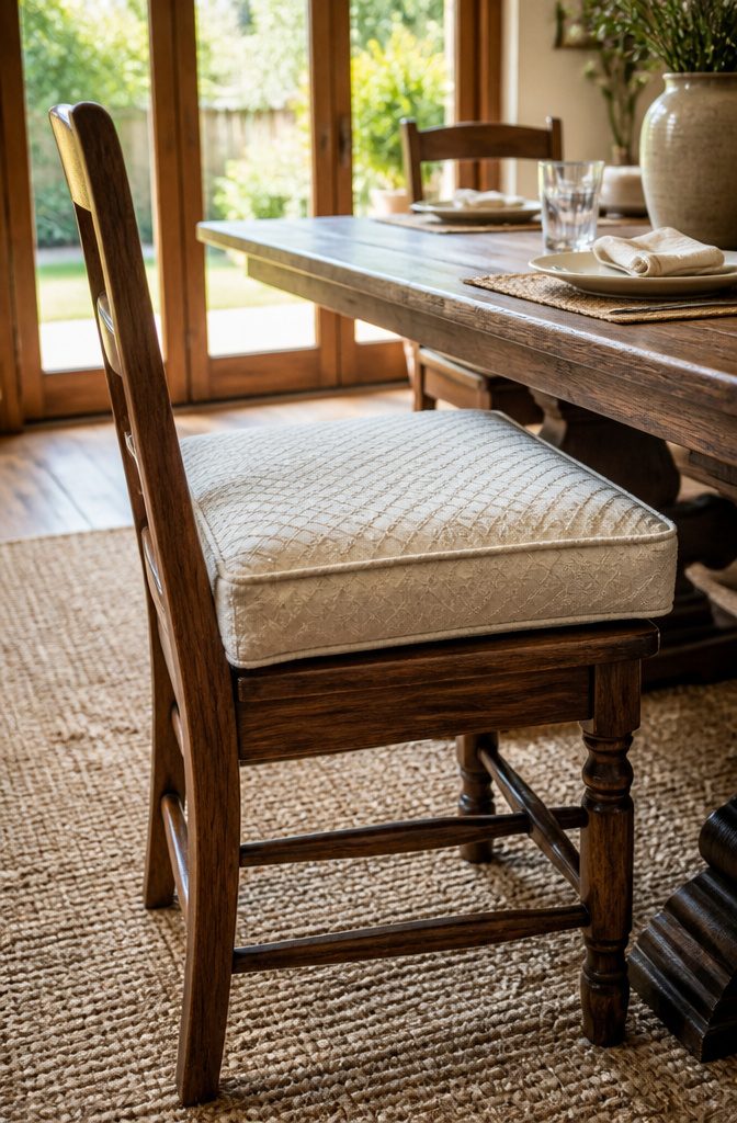 Foam chair cushion placed on a classic wooden dining chair.