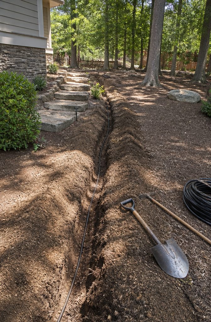 Low-voltage cable being buried in a shallow trench.