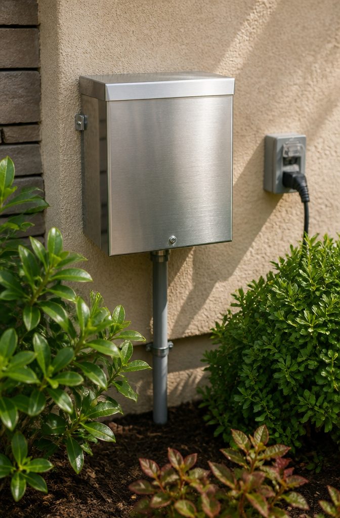 A transformer mounted on a wall near a GFCI outlet.