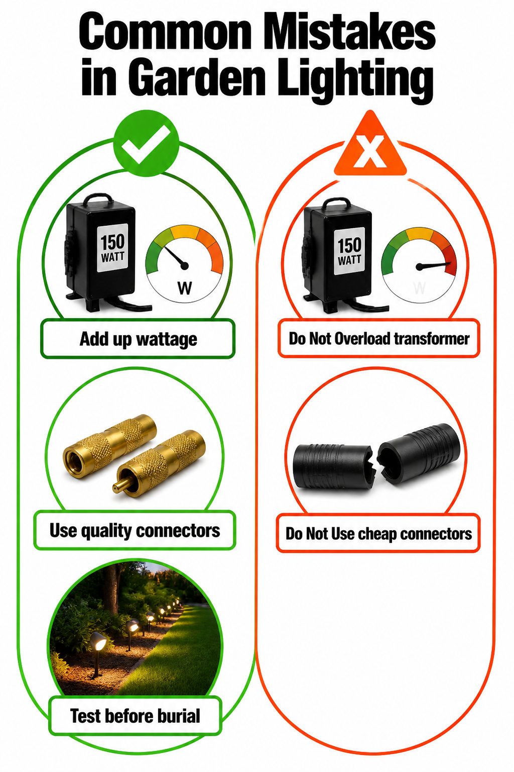A list of common mistakes in garden lighting installation.