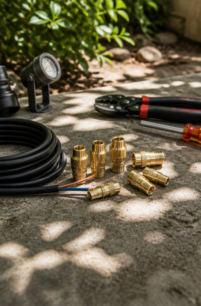 An assortment of brass barrel connectors for connecting garden lights.