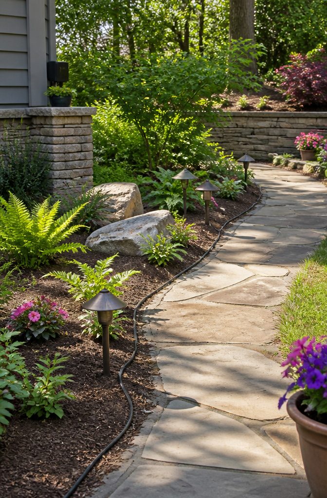 Low-voltage cable unspooled toward garden light fixtures.