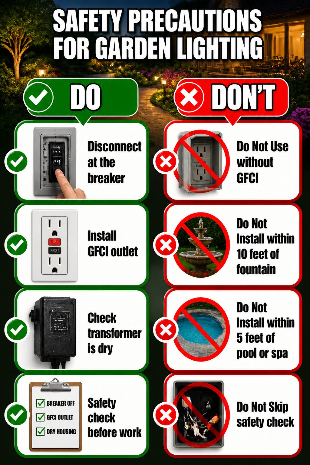 A list of safety precautions for installing garden lights.