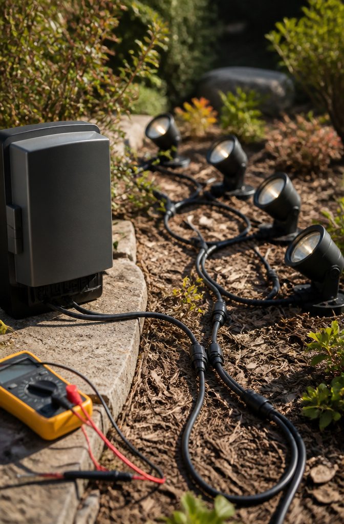 Low-voltage cable connected to fixtures, ready for testing.