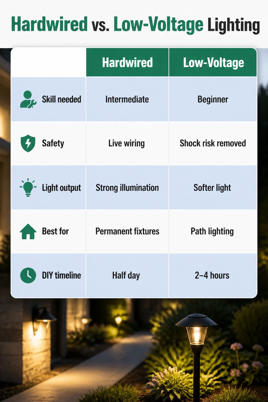 Comparison image showing hardwired and low-voltage lighting systems.