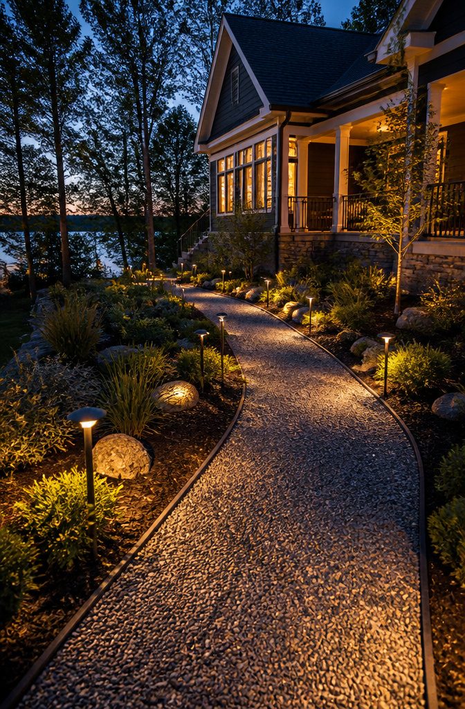 Path lights on stakes along a walkway in a garden.