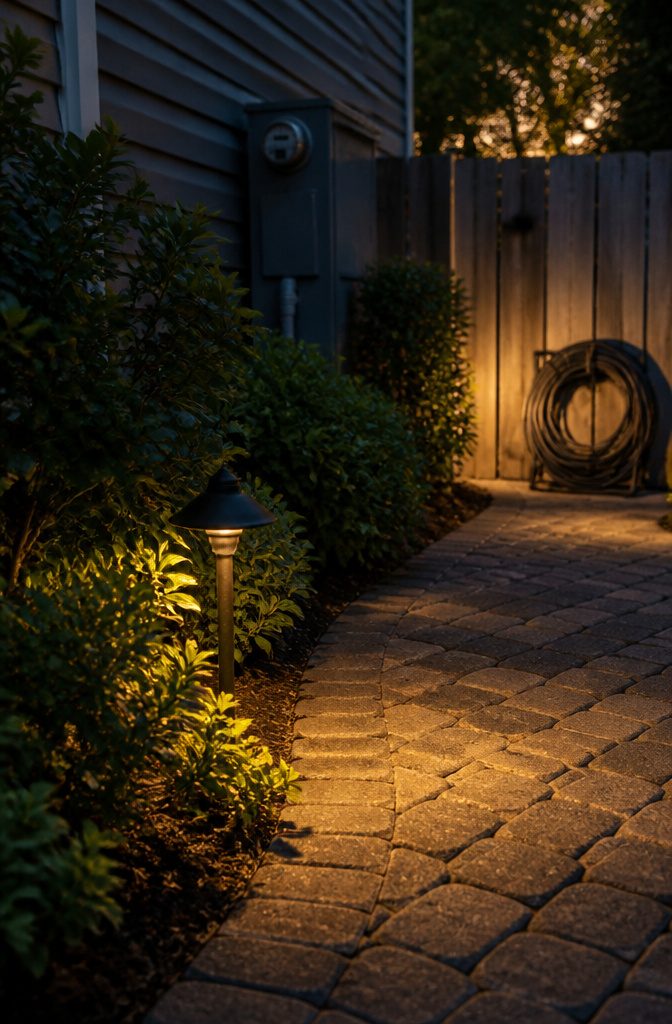 An outdoor light illuminating a pathway at dusk.