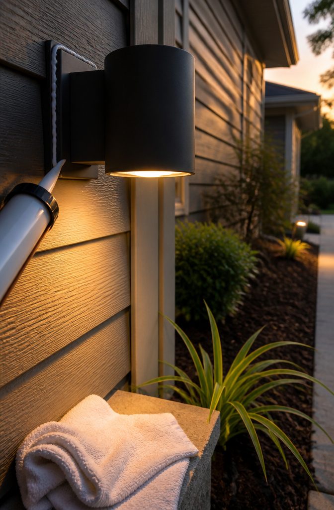A bead of silicone caulk applied around a mounted outdoor light.