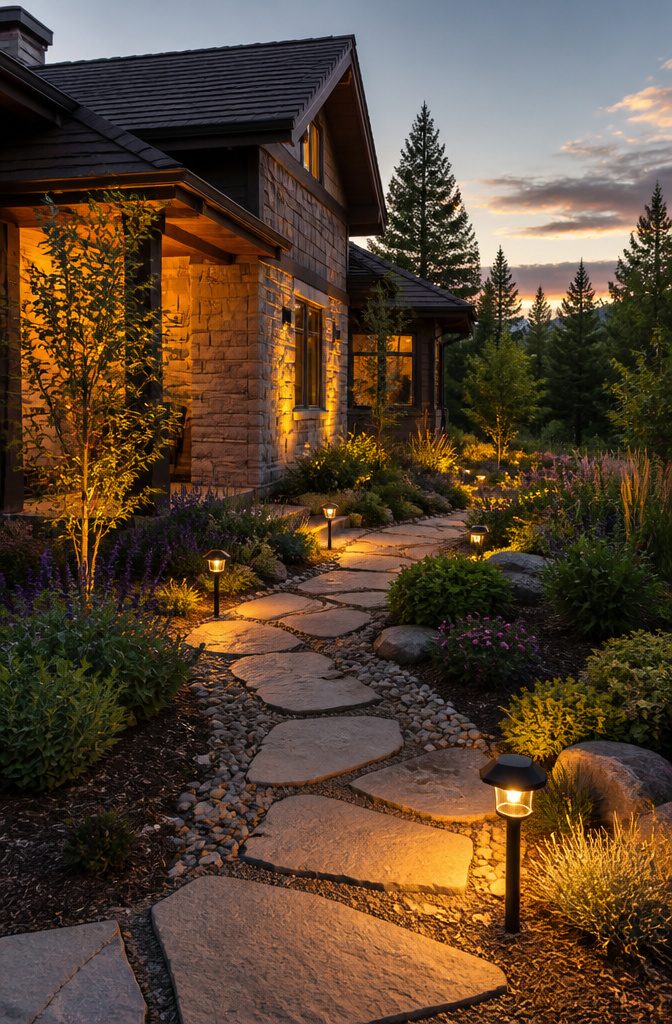 Solar lights with stakes installed in the ground.