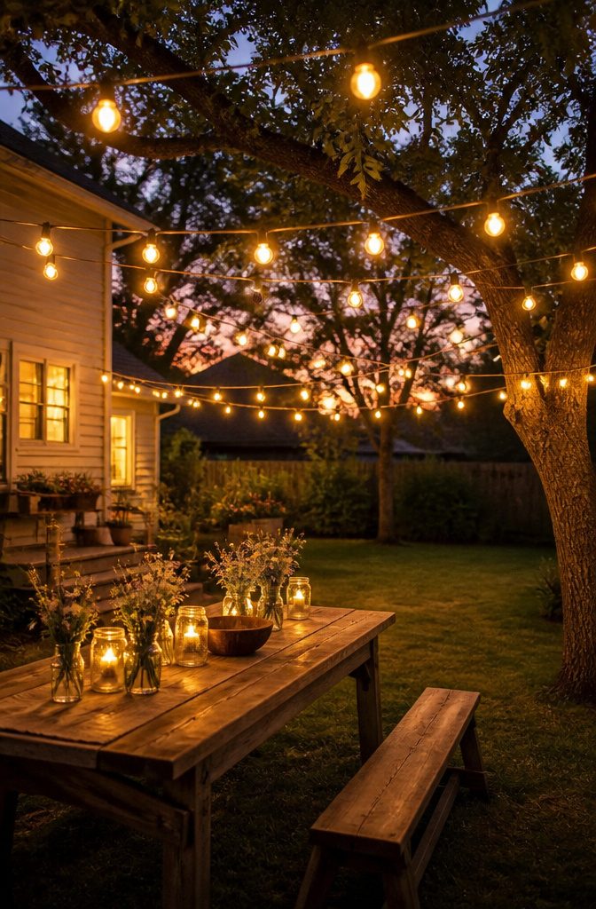 Colorful string lights hanging between tree branches.