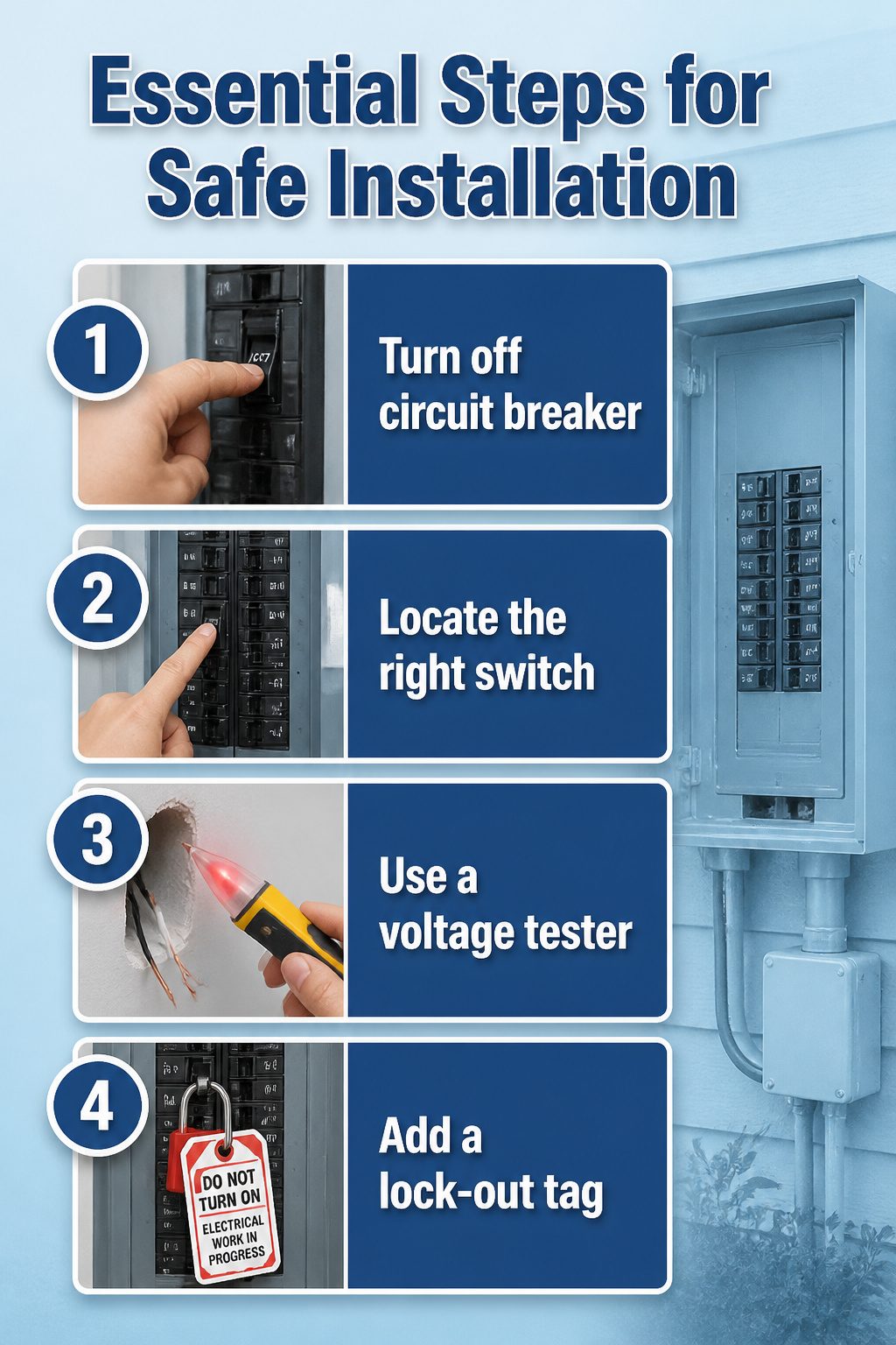 A diagram showing essential steps for safe electrical installation.
