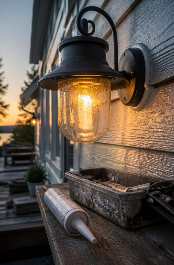 Close-up of silicone caulk sealing an outdoor light fixture.