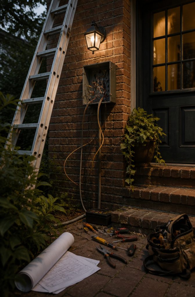 A homeowner standing by an electrical junction box with tools nearby.
