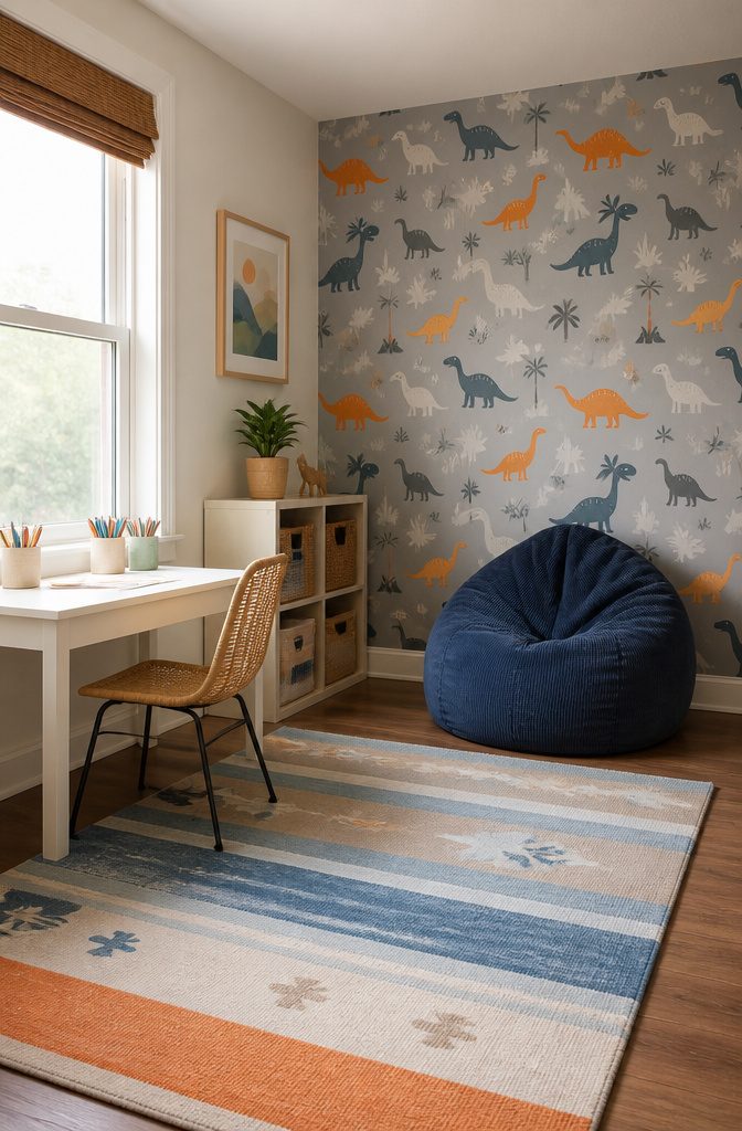 A kid's room featuring a dinosaur-themed accent wall and a beanbag chair.