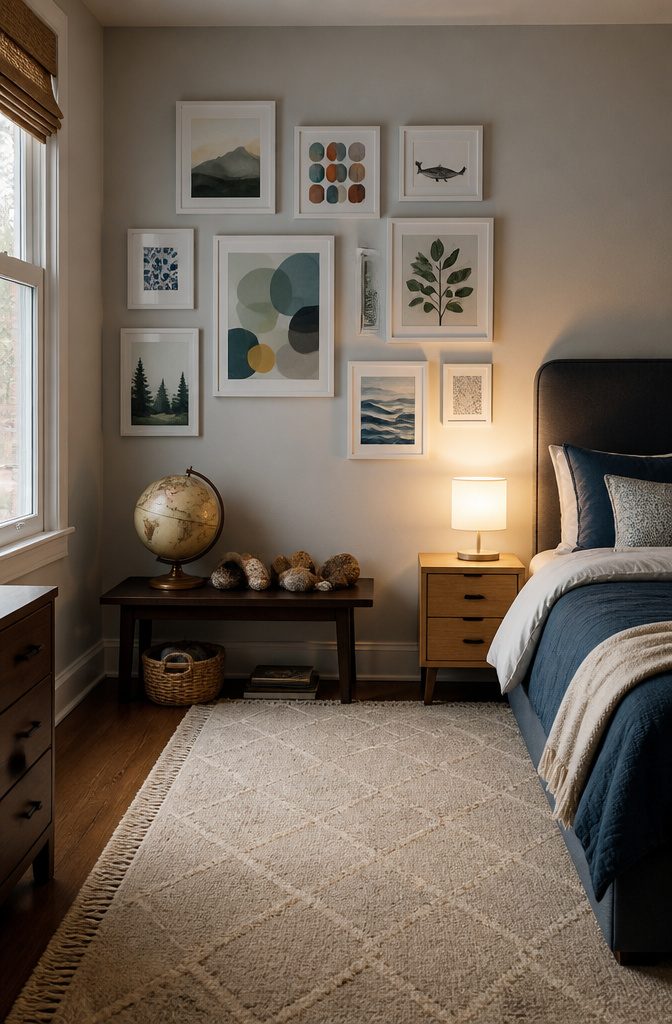 Framed children's artwork displayed on a wall in a kid's room.